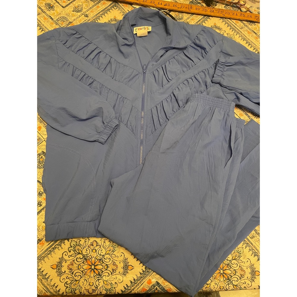 Vintage Toddi Blue Track Suit Set Ruffle Zip Jacket Elastic Waist Pants Womens